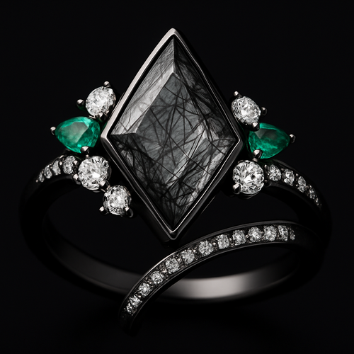 Kite cut Black rutilated quartz with 1 emerald on each side and 3 moissanite on each side accent stones in a cluster on a black band, second band black with moissanite stones that curves around the main stone 