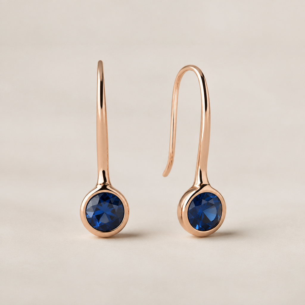 A nordic women's earrings made of rose gold with sapphire stones, minimalist, simple and delicate, clean lines
photorealistic jewelry design, A nordic women's earrings made of rose gold with sapphire stones, minimalist, simple and delicate, clean lines, nordic style, just the design no text