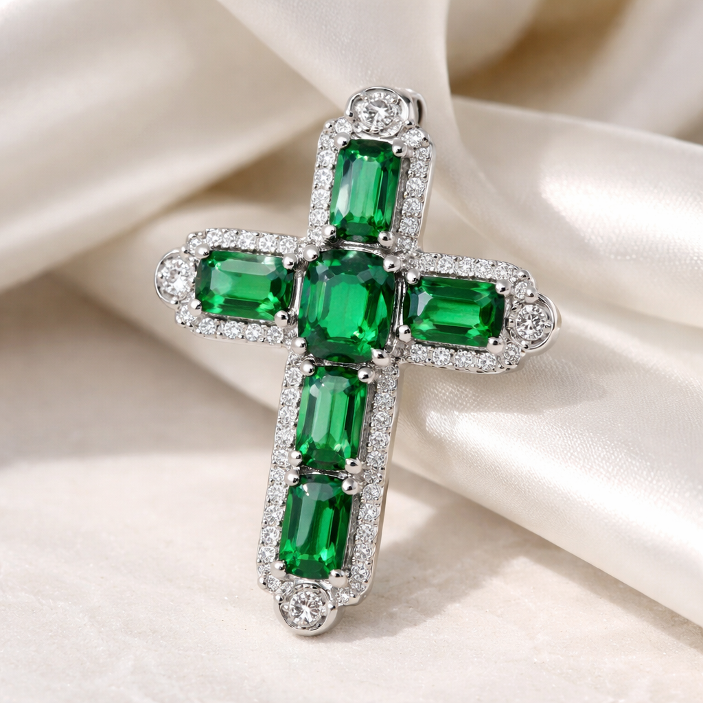 Emerald white gold cross and with simple diamond accent stones. Timeless, elegant, and classy. Hidden bail.
