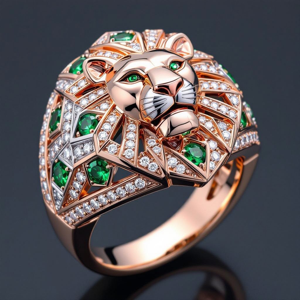 Lion king edges Geometric lion ring of rose gold and white goldGeomatricw lion of architecture shape and edge of diamonds and emerlad of rose gold 