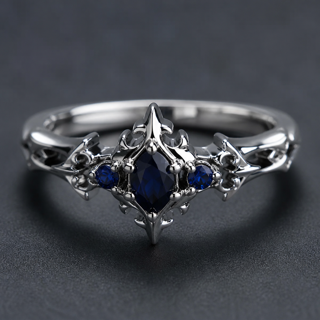 A gothic women's ring made of platinum with sapphire stones suitable for daily wear
photorealistic jewelry design, A gothic women's ring made of platinum with sapphire stones suitable for daily wear, gothic style, just the design no text