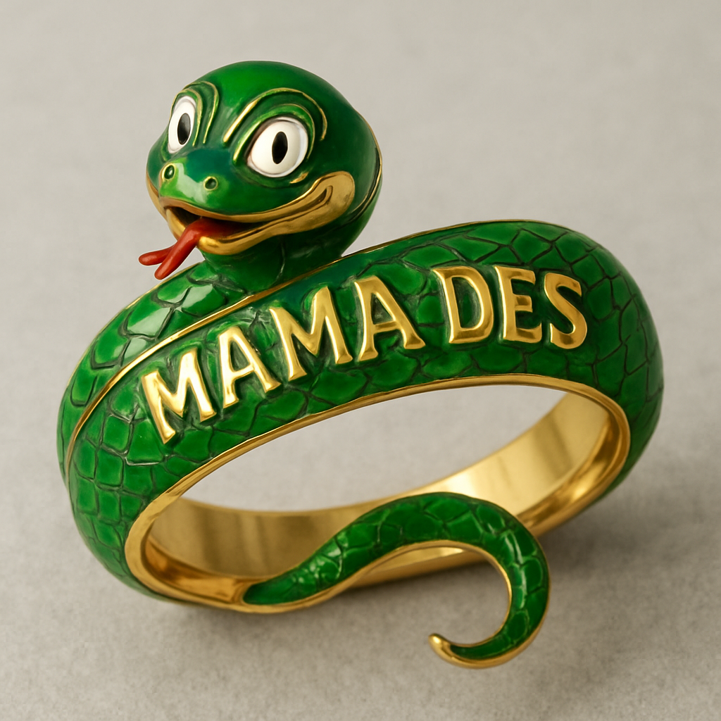 Give me a snake green bracelet that says “MAMA DES”. Make it have buggy’s face from the anime “ONE PIECE” 