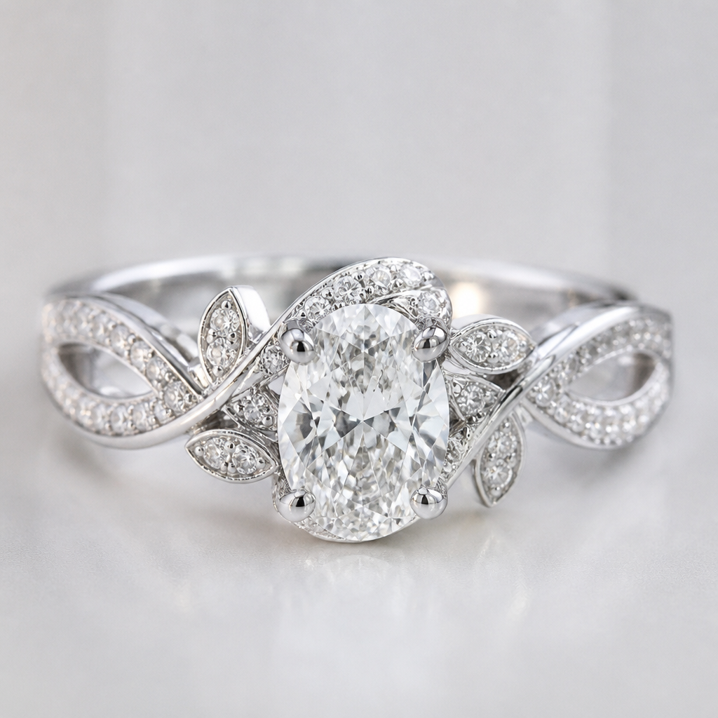A contemporary women's ring made of white gold with diamond stones suitable for wedding, detailed and decorative, moderately ornate. A 0.70-carat oval diamond is used as the center stone.
photorealistic jewelry design, A contemporary women's ring made of white gold with diamond stones suitable for wedding, detailed and decorative, moderately ornate. A 0.70-carat oval diamond is used as the center stone., contemporary style, just the design no text