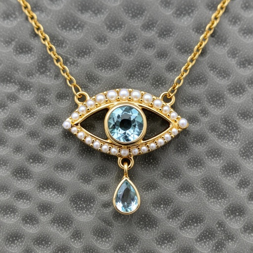 Тонкая цепочка с золотыми и серебряными шариками и мелкими жемчужными камушками на цепочке есть кулон в форме глаза, зрачок глаза из аквамарина от глаза идет маленькая подвеска с маленькими камушками аквамарина 