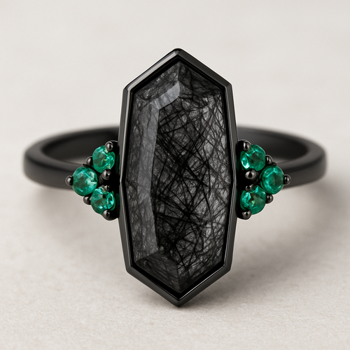 Wedding band to compliment, Black band, medium long hexagon cut rutilated black quartz, emerald accent stones 3 on each side in a cluster 