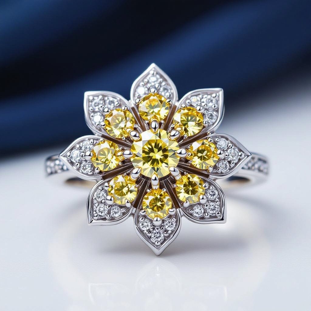 make a white gold ring, with big yellow diamond kinda flower-shaped stone. 