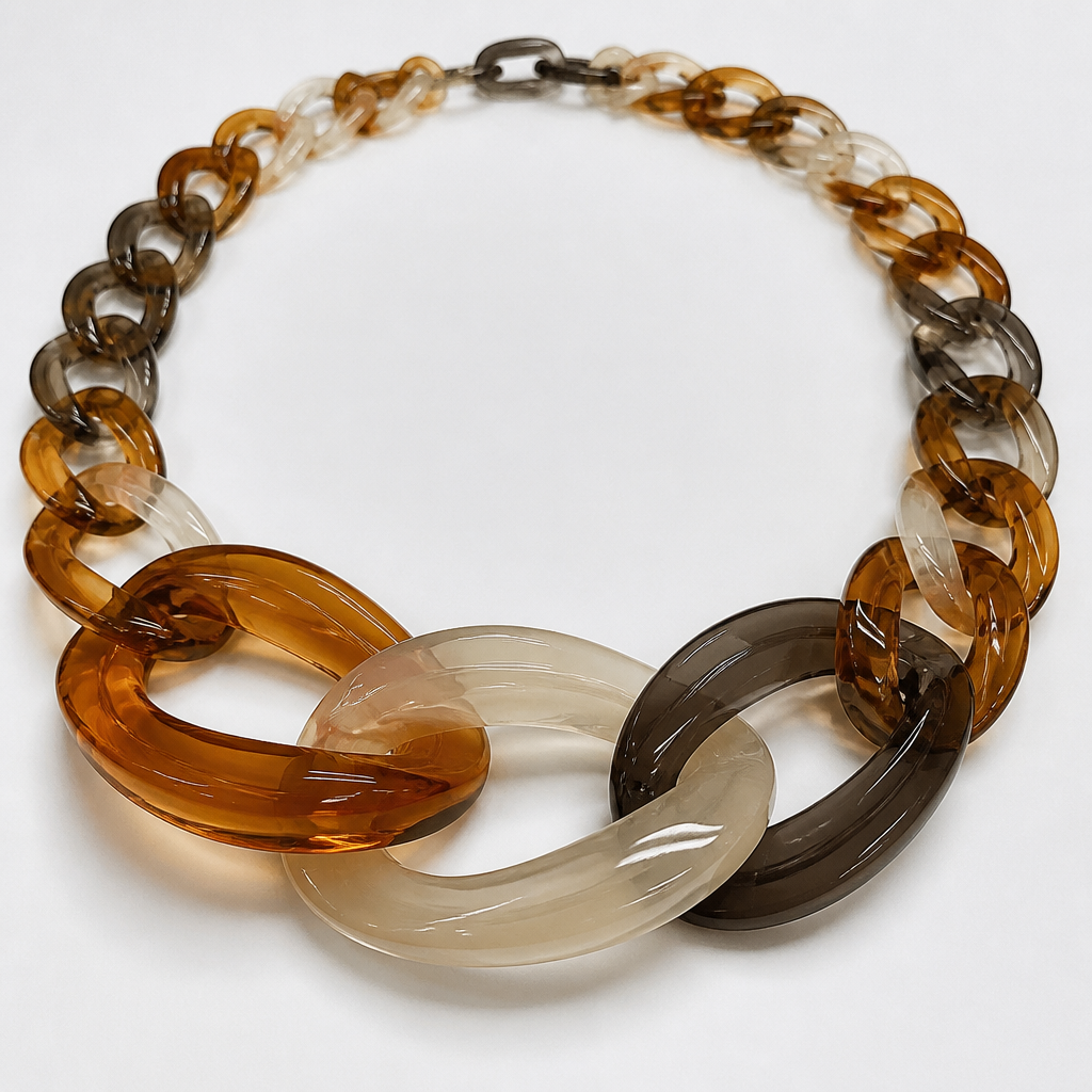 A women's necklace. create a chunky Cuban Link style plastic chain that is o graduated and exaggerated in the first front three links that is translucent using only three colors
photorealistic jewelry design, A women's necklace. create a chunky Cuban Link style plastic chain that is o graduated and exaggerated in the first front three links that is translucent using only three colors, modern style, just the design no text