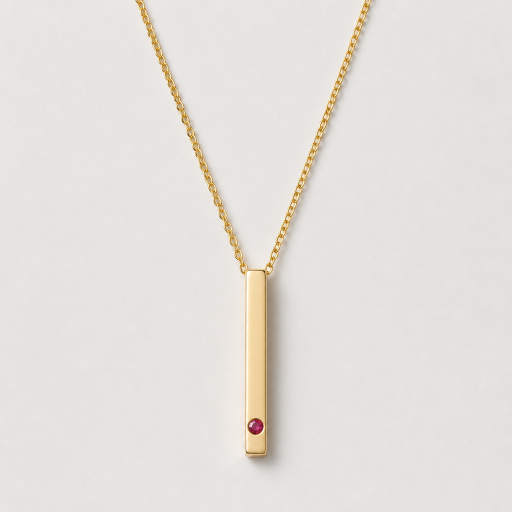 18k gold bar pendant necklace with tiny bezel-set birthstone, delicate cable chain, minimalist style, studio lighting
photorealistic jewelry design, 18k gold bar pendant necklace with tiny bezel-set birthstone, delicate cable chain, minimalist style, studio lighting, minimalist style, just the design no text