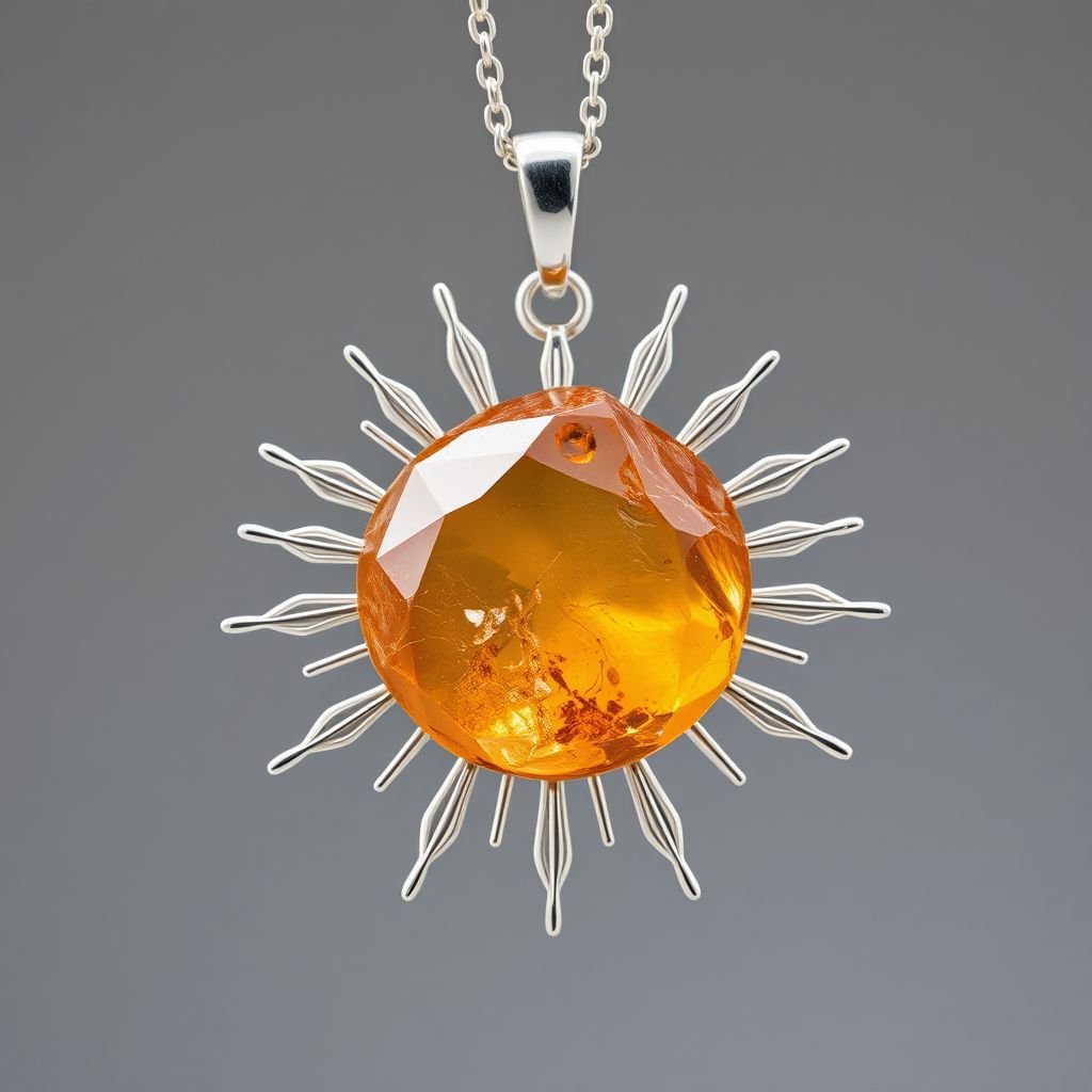 Create a pendant with raw natural gemstone pendant shall look like sun rising. Using minimal silver 
