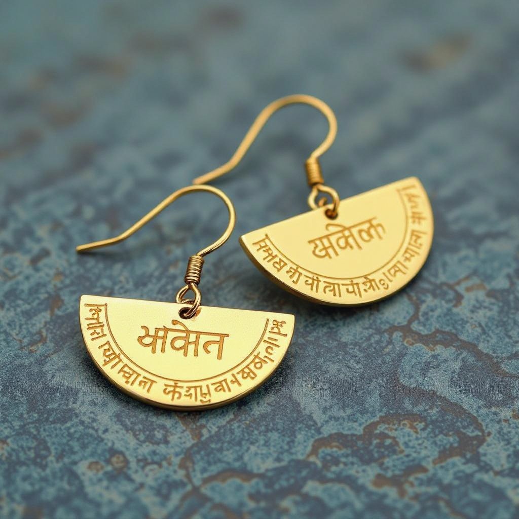 Серьги золотые в форме полукруга, полукруг как продолжение застежки, на полукруге надписи мантрами на санскрите