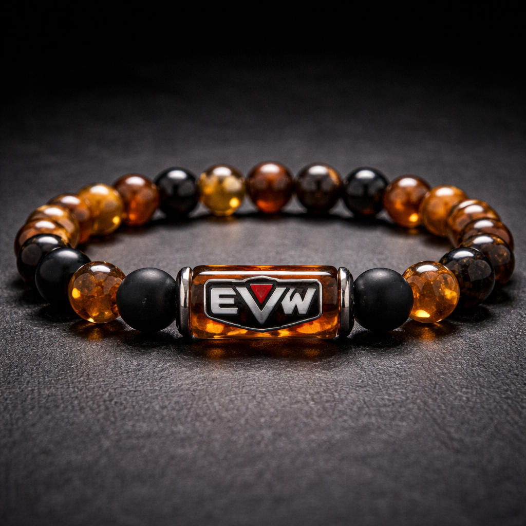 Do not use silver or gold and bracelet for man only amber stones small size EVW logo on the amber stone red and black and white colours