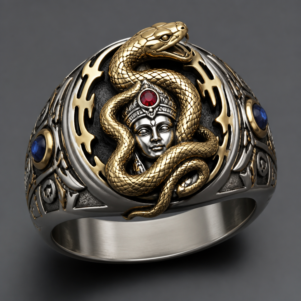 A charm men's ring made of mixed metal with sapphire stones suitable for daily wear. A amarindian with a red gem stone and a golden snake
photorealistic jewelry design, A charm men's ring made of mixed metal with sapphire stones suitable for daily wear. A amarindian with a red gem stone and a golden snake, charm style, just the design no text