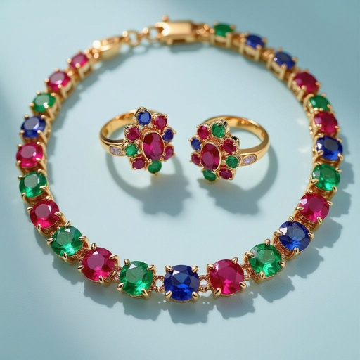Necklace and ring and earring with luxury colorful jewel with gold