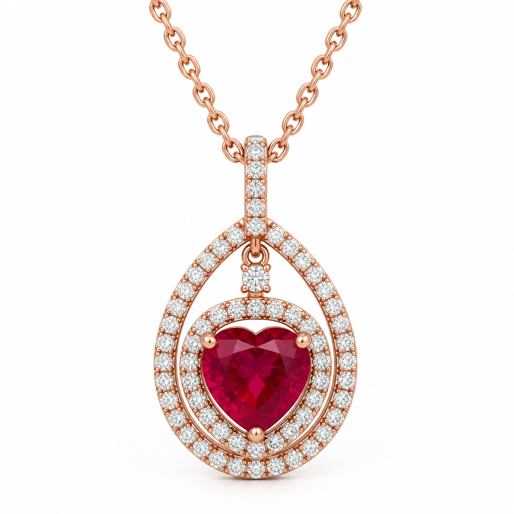 A modern women's ring made of rose gold with diamond and ruby stones. Jenis Perhiasan: Kalung dengan bandul elegan (meskipun pada keterangan aplikasi tertulis "Modern Ring", bentuk fisik pada gambar merupakan sebuah kalung berbandul/pendant).
Rantai Kalung: Terbuat dari material emas dengan warna rose gold yang berkilau lembut, dihubungkan dengan desain tautan rantai halus yang klasik dan feminin.
Bentuk Bandul (Pendant): Memiliki bingkai utamaberbentuk 💧bertaburkan butiran diamond kecil di sekelilingnya(kecuali di belakang) secara rapi dan berkilau.
Ornamen Utama (Tengah): Di bagian tengah bingkai oval tersebut, terdapat permata utama berupa ruby (batu delima merah) berukuran cukup besar dengan pola berbentuk hati (heart-cut) yang dikelilingi kembali oleh lapisan barisan diamond kecil.
Gaya Keseluruhan: Mengusung tema modern, mewah, dan romantis, dengan kombinasi warna hangat dari rose gold, kemewahan taburan diamond, serta pusat perhatian pada batu ruby merah berbentuk hati.
photorealistic jewelry design, A modern women's ring made of rose gold with diamond and ruby stones. Jenis Perhiasan: Kalung dengan bandul elegan (meskipun pada keterangan aplikasi tertulis "Modern Ring", bentuk fisik pada gambar merupakan sebuah kalung berbandul/pendant).
Rantai Kalung: Terbuat dari material emas dengan warna rose gold yang berkilau lembut, dihubungkan dengan desain tautan rantai halus yang klasik dan feminin.
Bentuk Bandul (Pendant): Memiliki bingkai utamaberbentuk 💧bertaburkan butiran diamond kecil di sekelilingnya(kecuali di belakang) secara rapi dan berkilau.
Ornamen Utama (Tengah): Di bagian tengah bingkai oval tersebut, terdapat permata utama berupa ruby (batu delima merah) berukuran cukup besar dengan pola berbentuk hati (heart-cut) yang dikelilingi kembali oleh lapisan barisan diamond kecil.
Gaya Keseluruhan: Mengusung tema modern, mewah, dan romantis, dengan kombinasi warna hangat dari rose gold, kemewahan taburan diamond, serta pusat perhatian pada batu ruby merah berbentuk hati., modern style, just the design no text