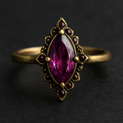 marquise cut purple/pink ruby with extra gems, and a gold ring but keep it simple