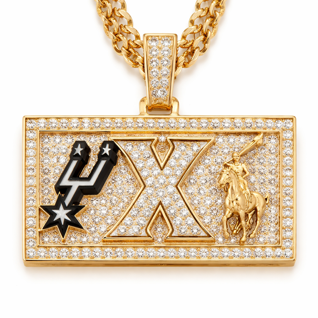 14k gold box pendant with the letter X In middle, the San Antonio spurs logo on the left side, and the Ralph Lauren horse on the right side