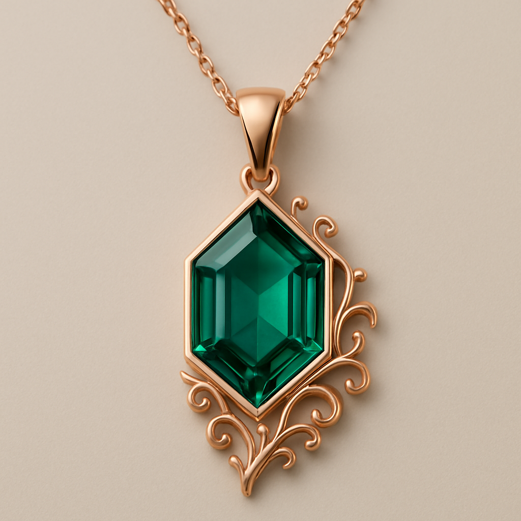 rose-gold pendant with emerald & filigree work. the work should be very finely crafted and created like  creepers 