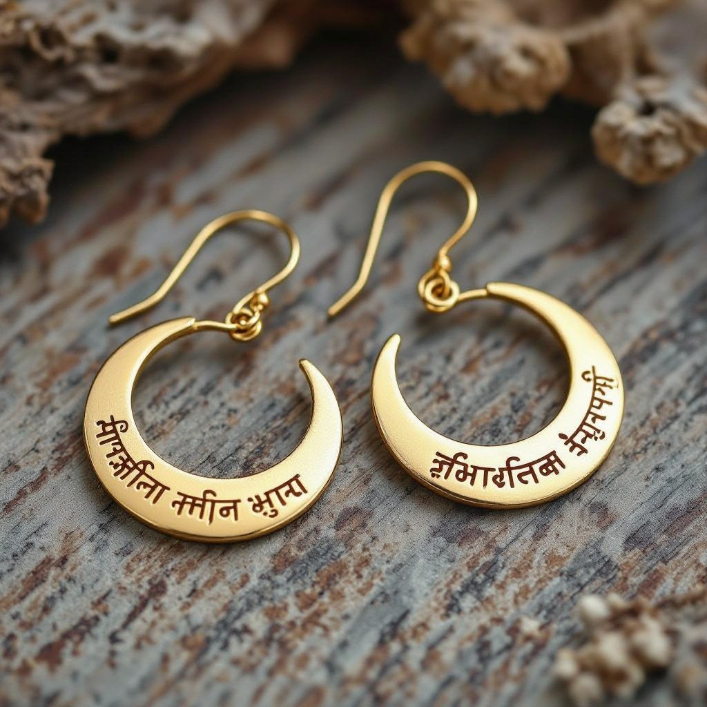 Серьги золотые в форме тонкого изогнутого изящного полумесяца, полукруг как продолжение застежки, на полукруге надписи мантрами на санскрите