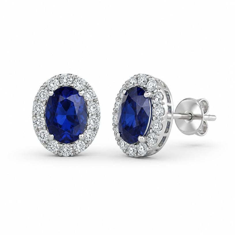 A women's earrings made of white gold with sapphire stones. 9k white gold halo earring.7mm x 5mm oval sapphire in the center
44 of 1.4mm diamonds used in the halo.
draw the image as a cad
using the attached image as a visual reference, create A women's earrings made of white gold with sapphire stones. 9k white gold halo earring.7mm x 5mm oval sapphire in the center
44 of 1.4mm diamonds used in the halo.
draw the image as a cad. photorealistic, just the design no text