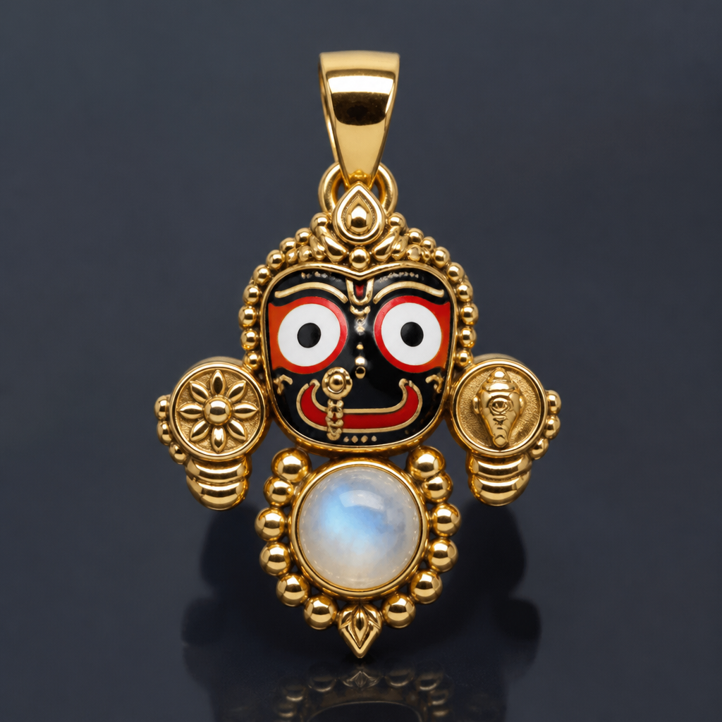 . Refinement: 0 Jagannath Ji with a single moon stone
photorealistic jewelry design, . Refinement: 0 Jagannath Ji with a single moon stone, just the design no text