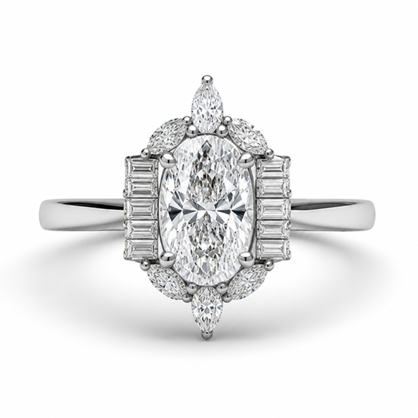 Only one level halo with marquises on top and bottom and baguette on side
edit the attached jewelry design with these instructions: Only one level halo with marquises on top and bottom and baguette on side. keep it photorealistic, just the design no text