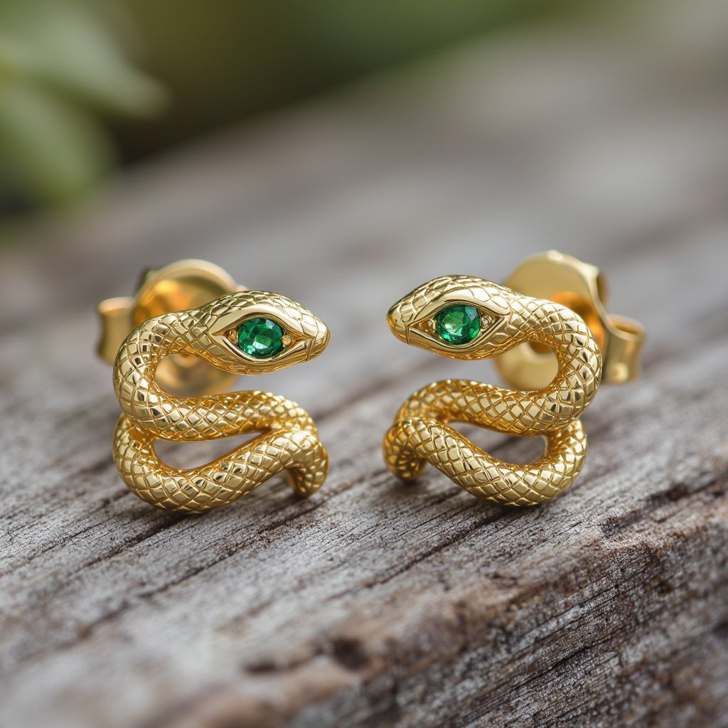 Небольшие золотые матовые серьги в виде символической змеи