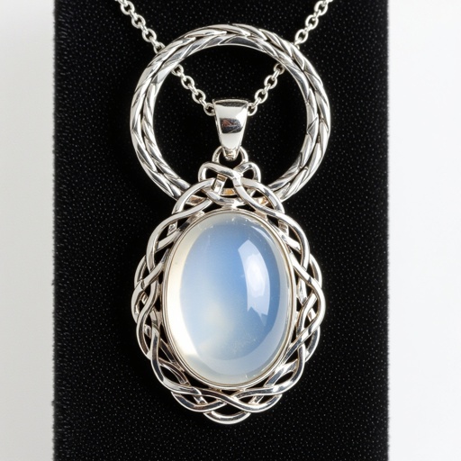 A  Celtic 50 carat oval-cut IF smooth moonstone gemstone necklace with white gold lining around it 