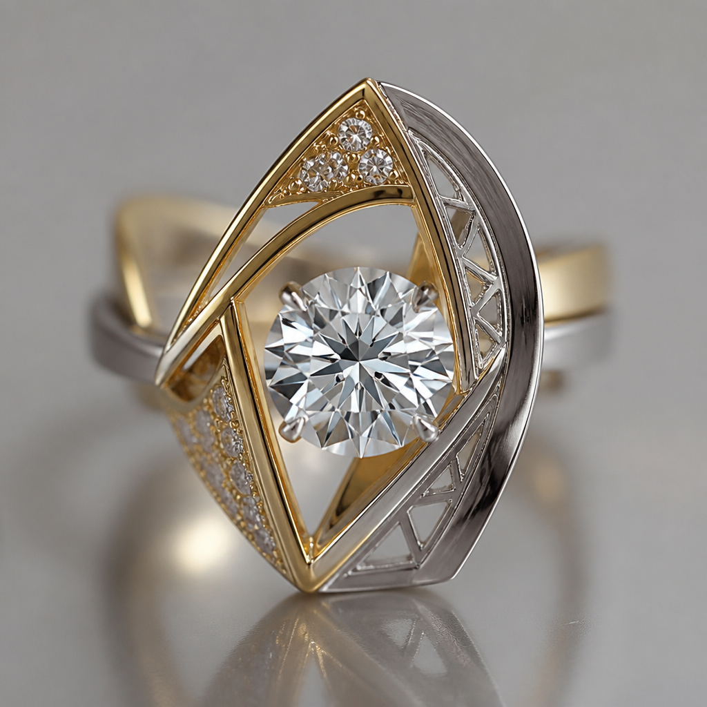 A avant-garde women's ring made of mixed metal with diamond stones suitable for festival. An extraordinary excellent beautiful delicate and elegant solitaire women ring. Face of the ring.
photorealistic jewelry design, A avant-garde women's ring made of mixed metal with diamond stones suitable for festival. An extraordinary excellent beautiful delicate and elegant solitaire women ring. Face of the ring., avant_garde style, just the design no text