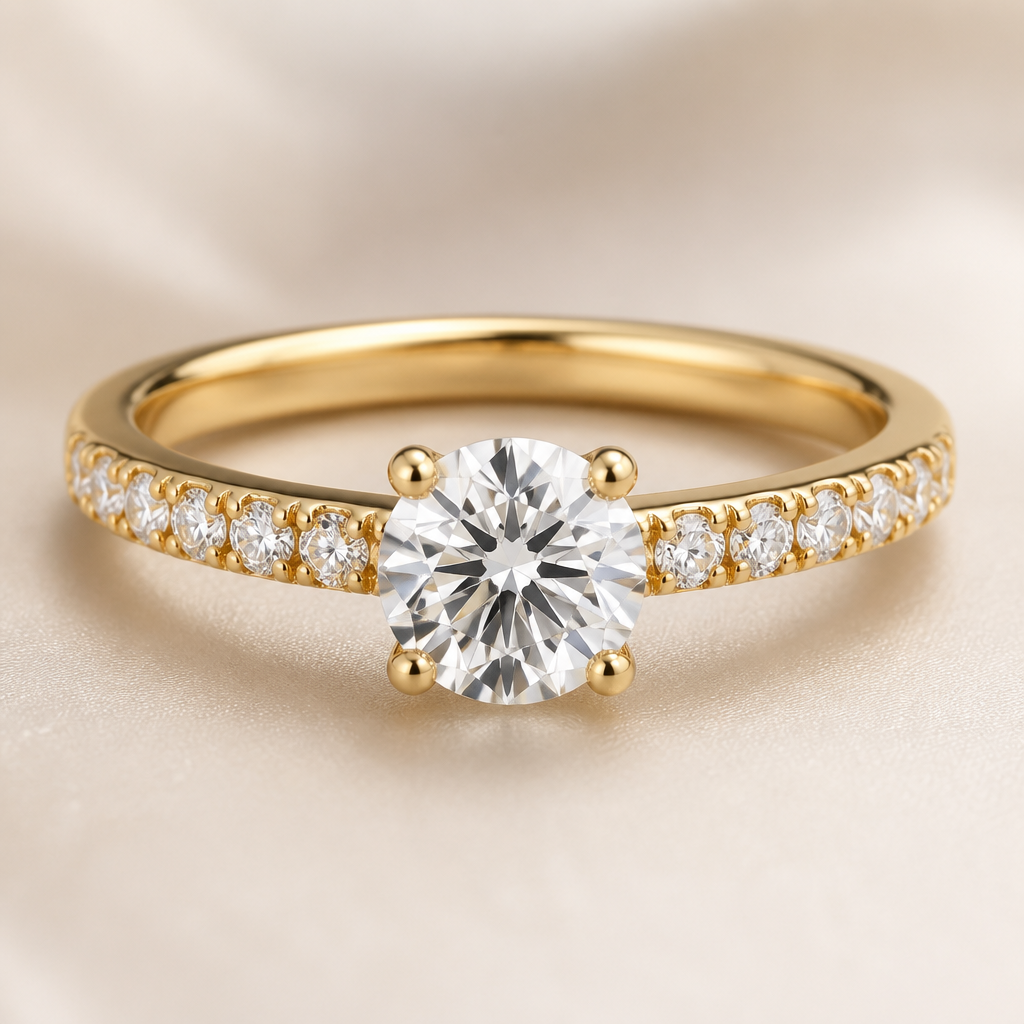 A classic women's ring made of gold with diamond stones suitable for engagement
photorealistic jewelry design, A classic women's ring made of gold with diamond stones suitable for engagement, classic style, just the design no text