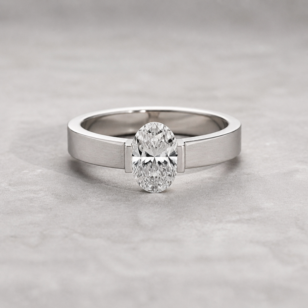 A industrial women's ring with diamond stones suitable for wedding, ultra-minimalist, very simple and clean, understated, no embellishments. A 0.70-carat oval diamond is used as the center stone.
photorealistic jewelry design, A industrial women's ring with diamond stones suitable for wedding, ultra-minimalist, very simple and clean, understated, no embellishments. A 0.70-carat oval diamond is used as the center stone., industrial style, just the design no text