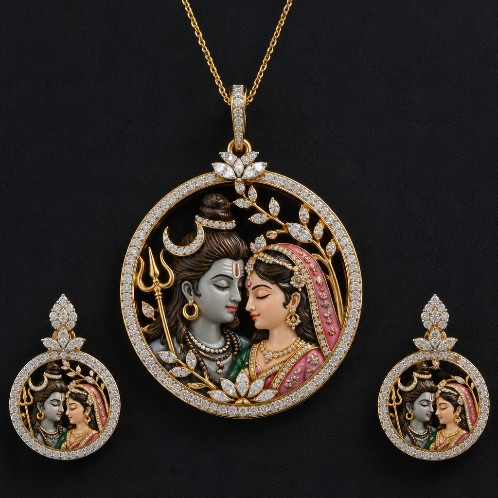 A women's pendant made of gold with diamond stones. shiv parwati diamond studded meenakari pendent and earings set
photorealistic jewelry design, A women's pendant made of gold with diamond stones. shiv parwati diamond studded meenakari pendent and earings set, modern style, just the design no text