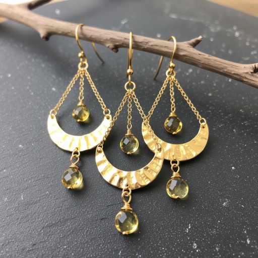 Золотые серьги словно мятое золото в форме узкого изящного полумесяца. Верхушка полумесяца крепится к застежке серьги.  От полумесяца идет три цепочки, у каждой на конце мелкий камушек цитрин