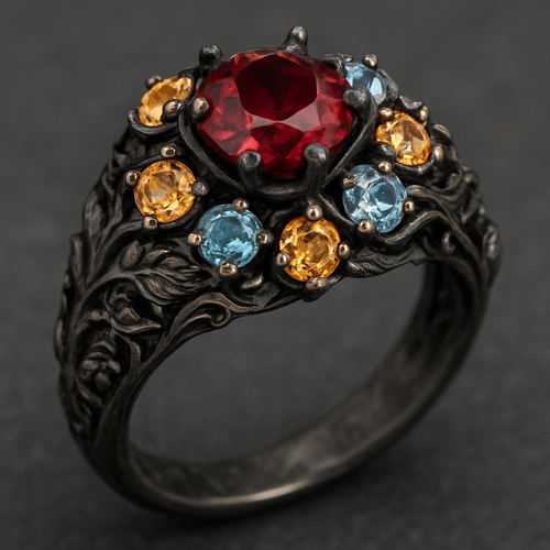 Ruby engagement ring with at least 10 citrine and topaz inlays with nature themes