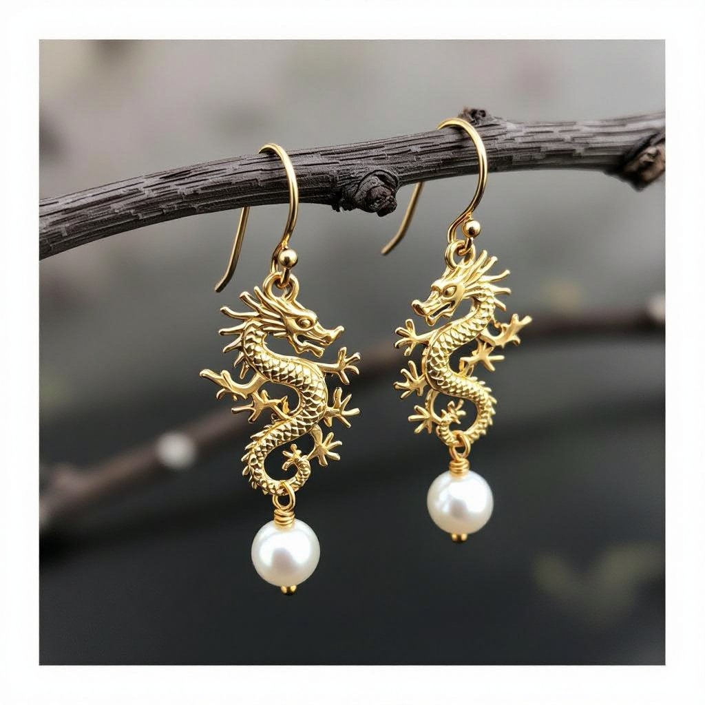 Золотые матовые серьги с изображением дракона узоры и жемчуг 