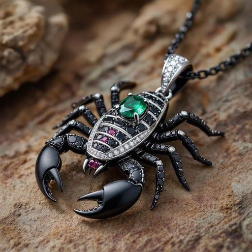 Geomatric Creating completed set of Geomatric scorpion pendant of white and bkack and rubies diamonds gold accents for contrast. Incorporate a single, oval-cut gemstone-perhaps a striking emerald-set at an unconventional angle, creating a bold focal point that exudes contemporary elegance and sophistication. Envision a striking geometric scorpion pendant, intricately crafted with sharp angles in a combination of matte black and lustrous white metals. Accentuated with glittering ruby diamonds, the design features a single oval-cut emerald, expertly set at a daring tilt. This captivating piece marries edgy modernity with timeless elegance, perfect for bold fashion statements.The diamond is elegantly set in a sleek, minimalist rose gold frame that accentuates its brilliance. The modern aesthetic is enhanced with clean lines and asymmetry, making it a striking statement piece for the avant-garde wearer.