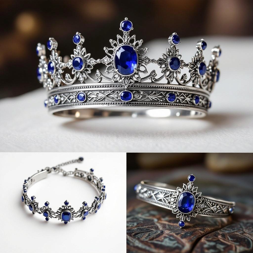 A beautiful Silver Crown with blue sapphire crystals. Not too big but also not really small. Perfect for a queen who goes into battle wearing her crown