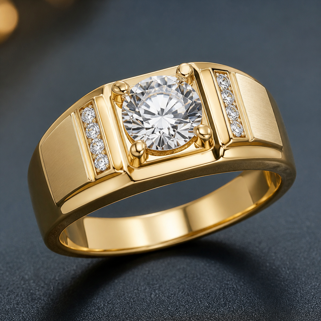 A classic men's ring made of gold with diamond stones suitable for engagement
photorealistic jewelry design, A classic men's ring made of gold with diamond stones suitable for engagement, classic style, just the design no text