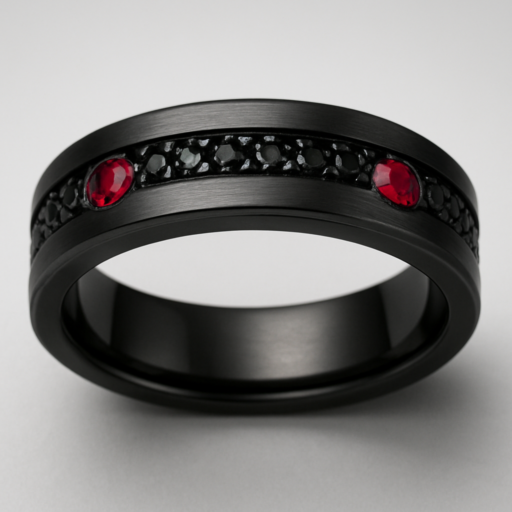 Men’s wedding band black with black stones and 2 rubies 
