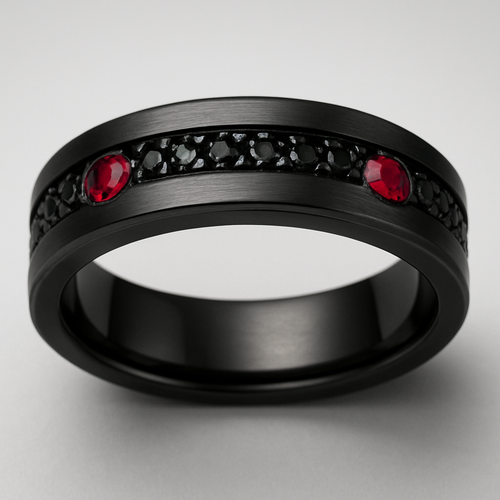 Men’s wedding band black with black stones and 2 rubies 