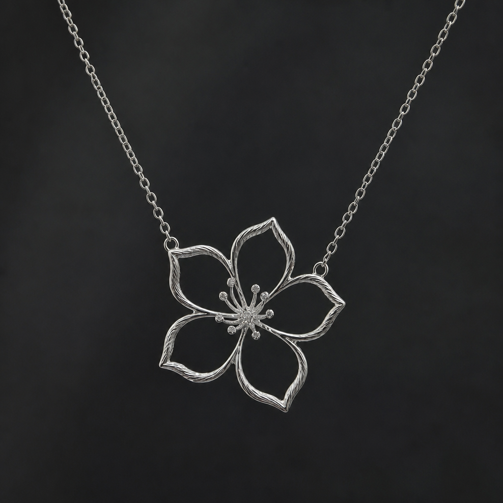 A women's necklace made of silver. hibicus ligne fine et delicat peu de diamand, interieur de lafleur vide, plus detail, 5 petales
photorealistic jewelry design, A women's necklace made of silver. hibicus ligne fine et delicat peu de diamand, interieur de lafleur vide, plus detail, 5 petales, modern style, just the design no text