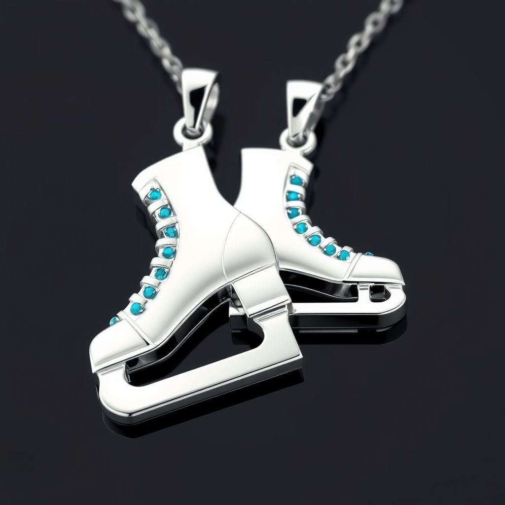 Pendant silver with stylized ice figure skating skates. Remove boots and leave only lowest part of skates. Add turquoise