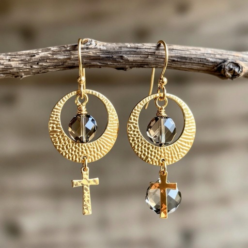 Золотые серьги словно мятое золото в форме узкого изящного полумесяца. Верхушка полумесяца крепится к застежке серьги. К нижней части полумесяца крепятся три подвески: миниатюрный золотой египетриский крест, очень маленький кристалл раухтопаза и маленький золотой кружочек с мятым эффектом плоский