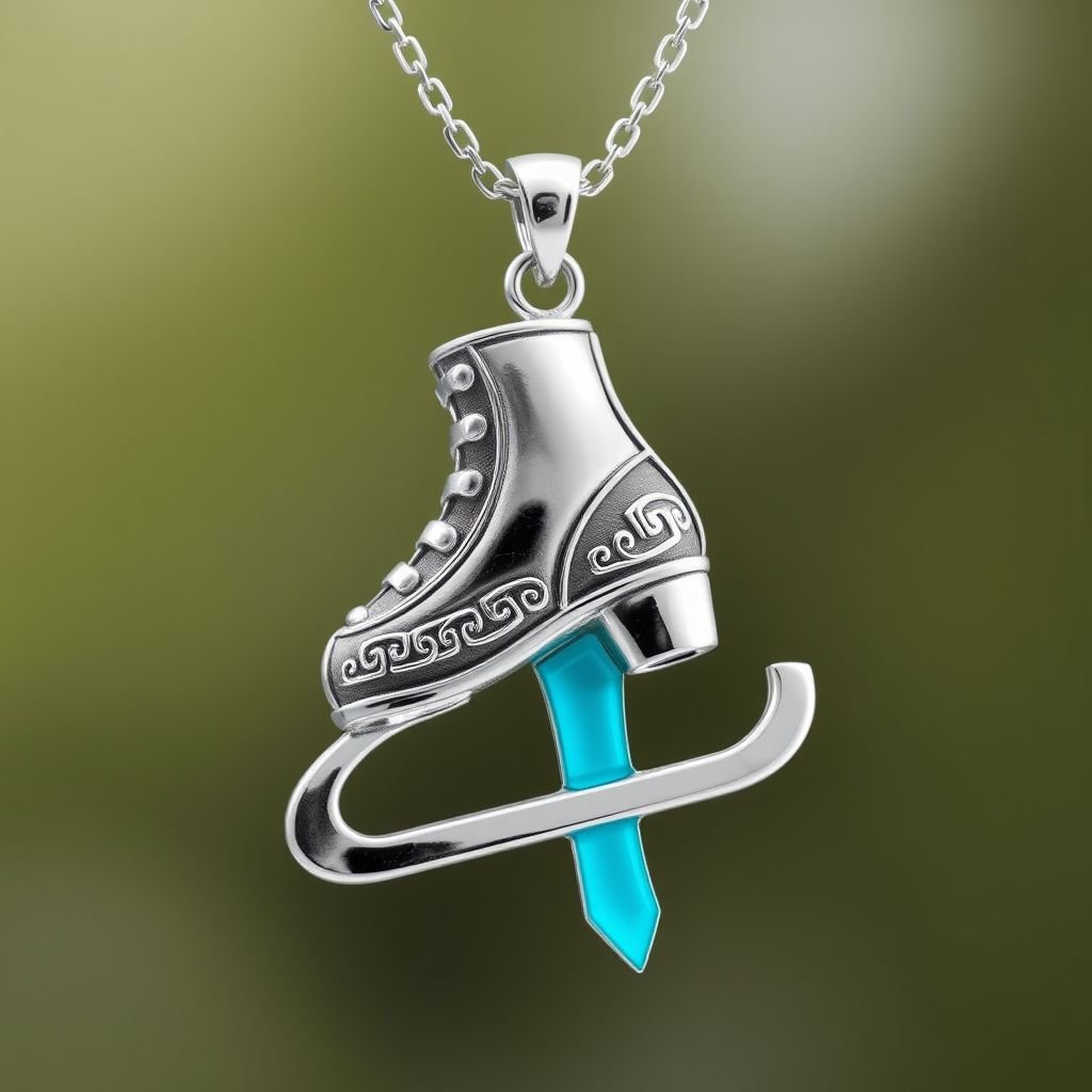 Silver Pendant shape one ice skate with turquoise stripe inside the low thin part blade 