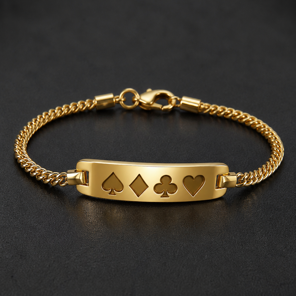 A modern women's bracelet made of gold. una pulsera con emblema de poker de Ases en placa