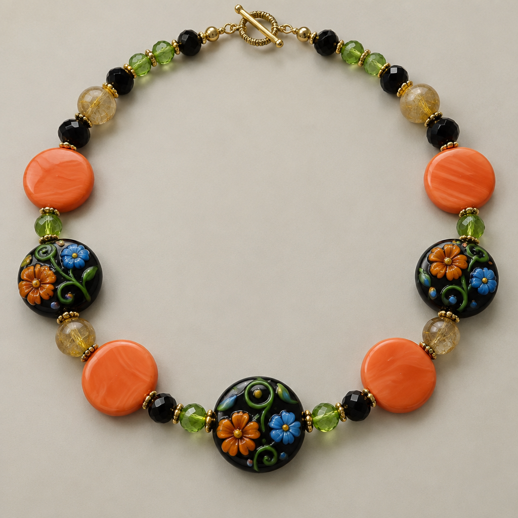 faceted green beads 6mm, black faceted beads 6mm, lamp work 15mm discs black with orange and blue flowers with green vines, and 17mm orange coral disc beads, and 8mm rutilated golden beads round smooth
photorealistic jewelry design, faceted green beads 6mm, black faceted beads 6mm, lamp work 15mm discs black with orange and blue flowers with green vines, and 17mm orange coral disc beads, and 8mm rutilated golden beads round smooth , nature_inspired style, just the design no text