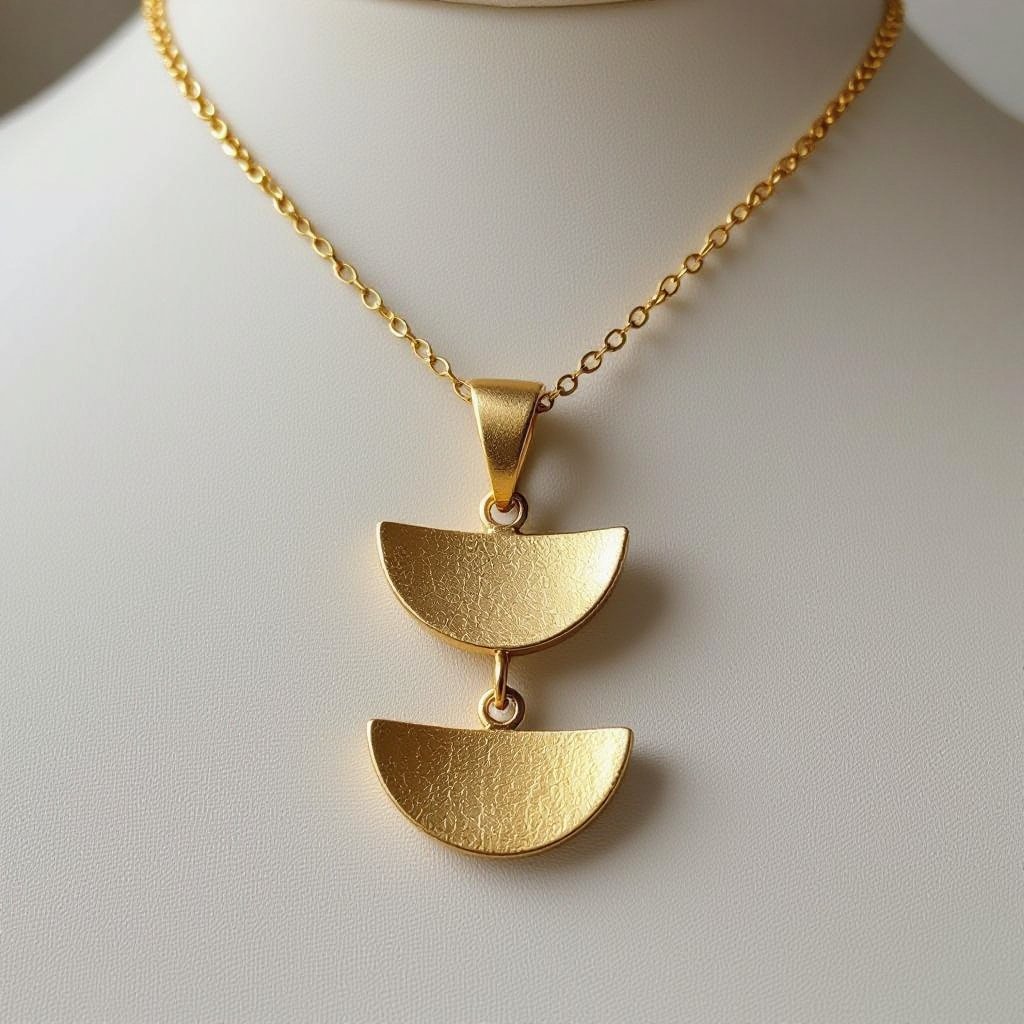 Подвеска из трех полумесяцев из матового неровного светлого золота соединенных цепочкой сверху самый широкий полукруг дальше средний и снизу самый маленький