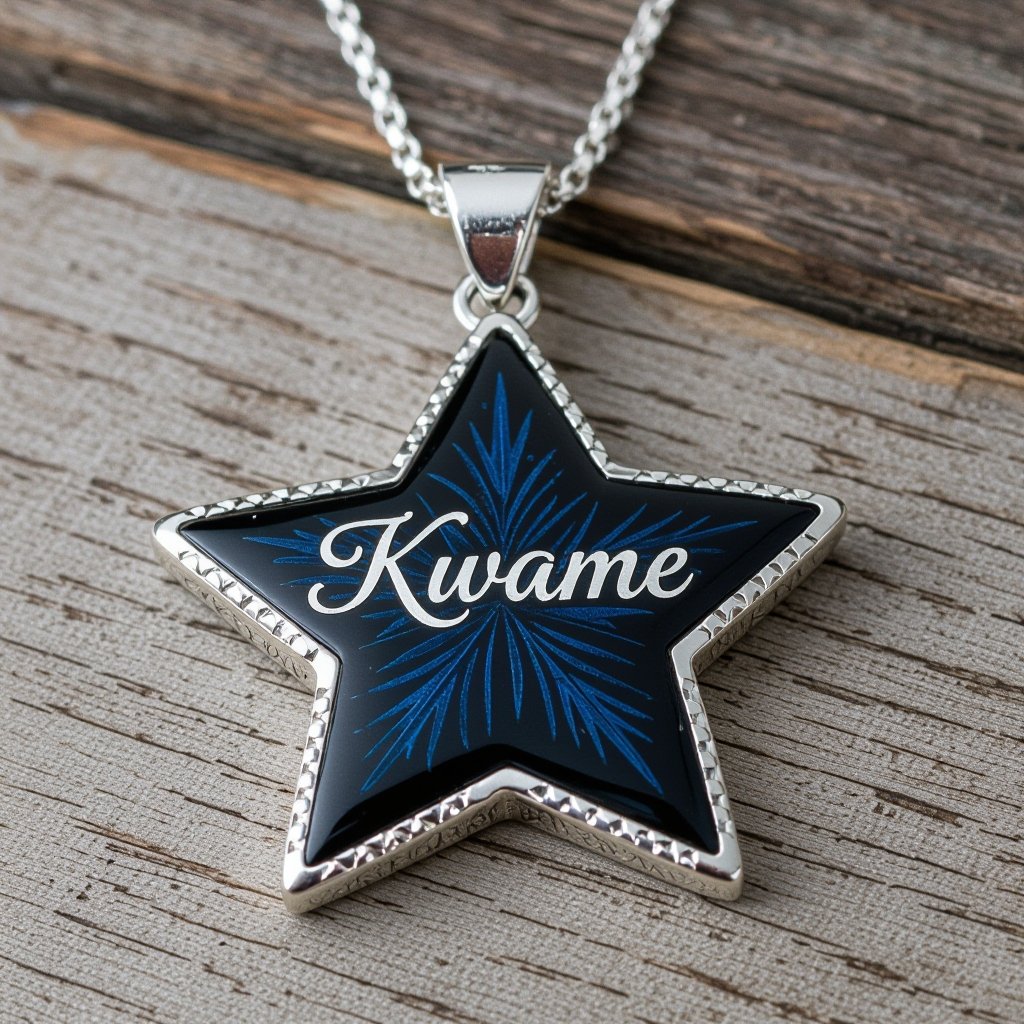 A black and blue star with the name kwame on it 