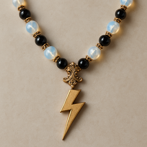 Opalite and onyx necklace with a gold lightening strike pendent