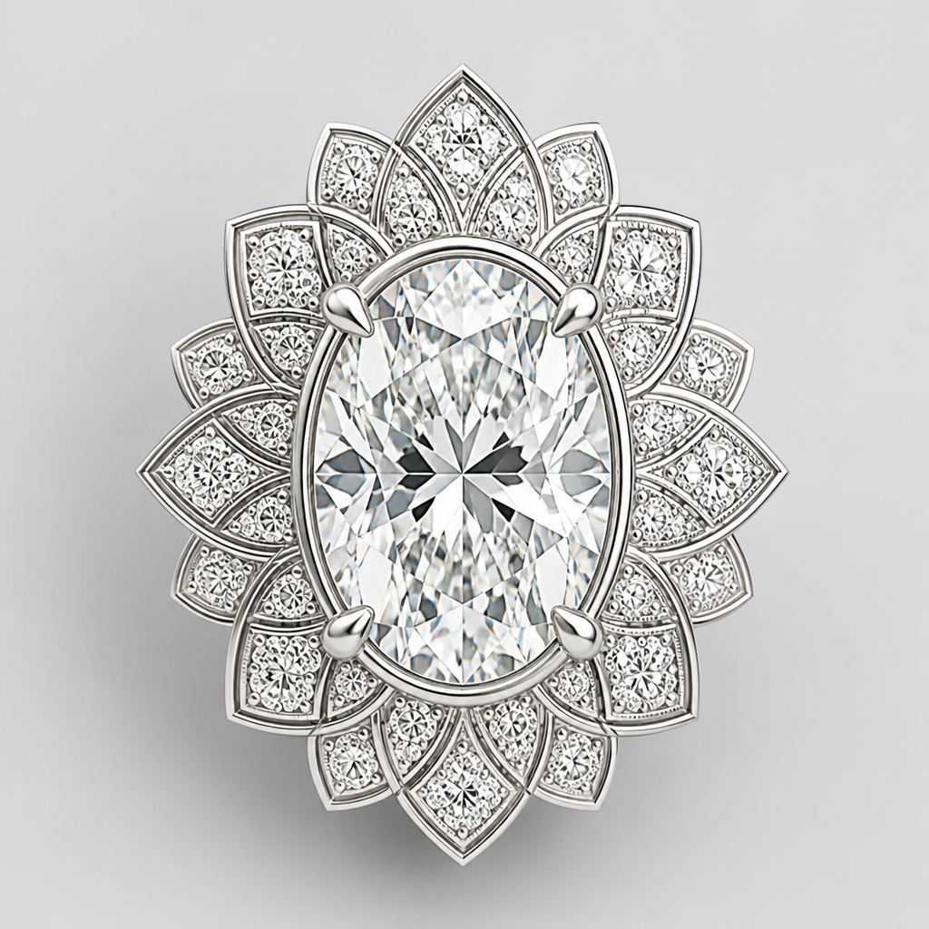 Oval centre in white gold with petal shape halo
photorealistic jewelry design, Oval centre in white gold with petal shape halo
, art_deco style, just the design no text