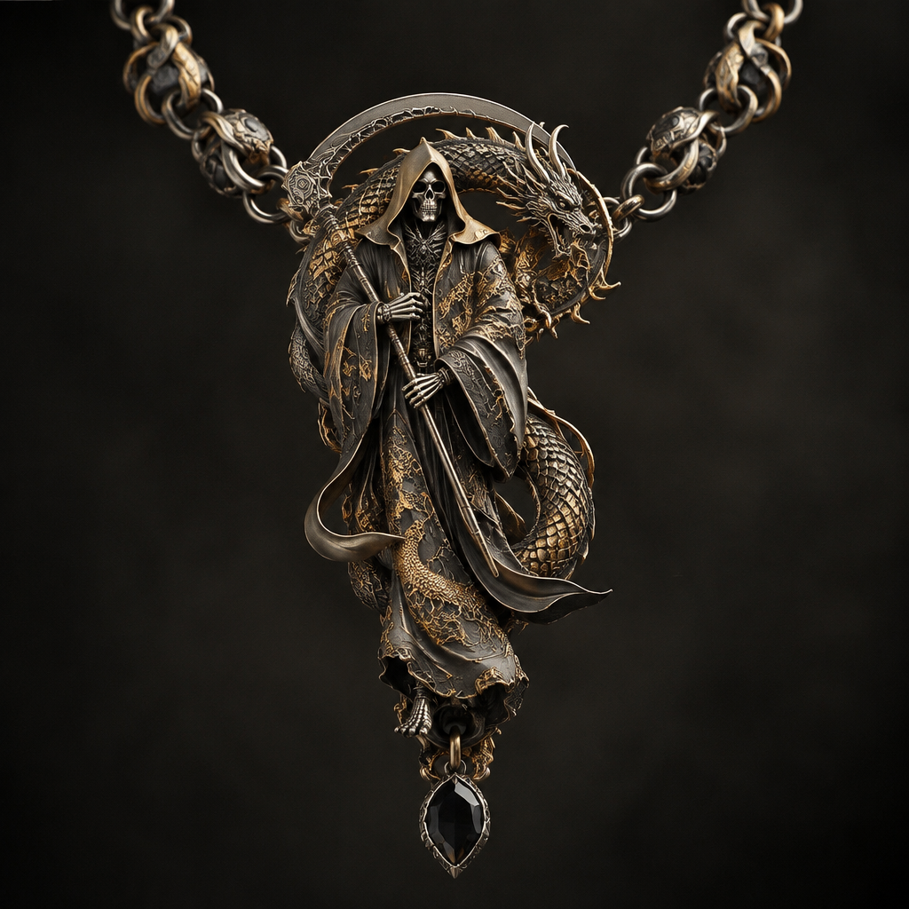 A statement men's necklace made of mixed metal suitable for formal. a reaper in a dragon robe
photorealistic jewelry design, A statement men's necklace made of mixed metal suitable for formal. a reaper in a dragon robe, statement style, just the design no text